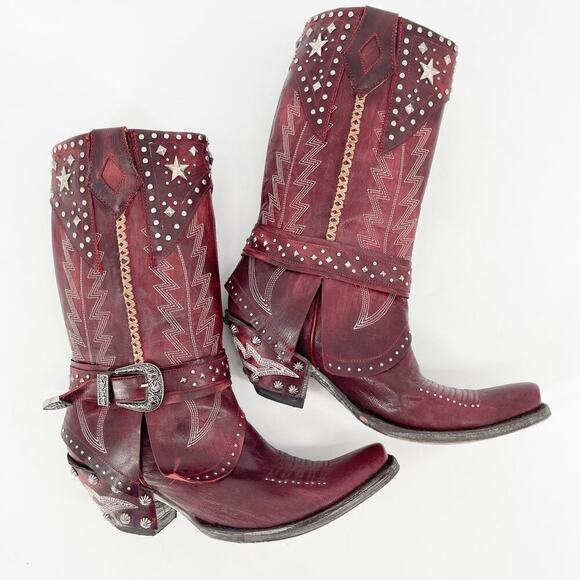 Rare Old Gringo Red Star Studded Belted Leather Western Cowgirl Boot size 7 - Picture 3 of 11
